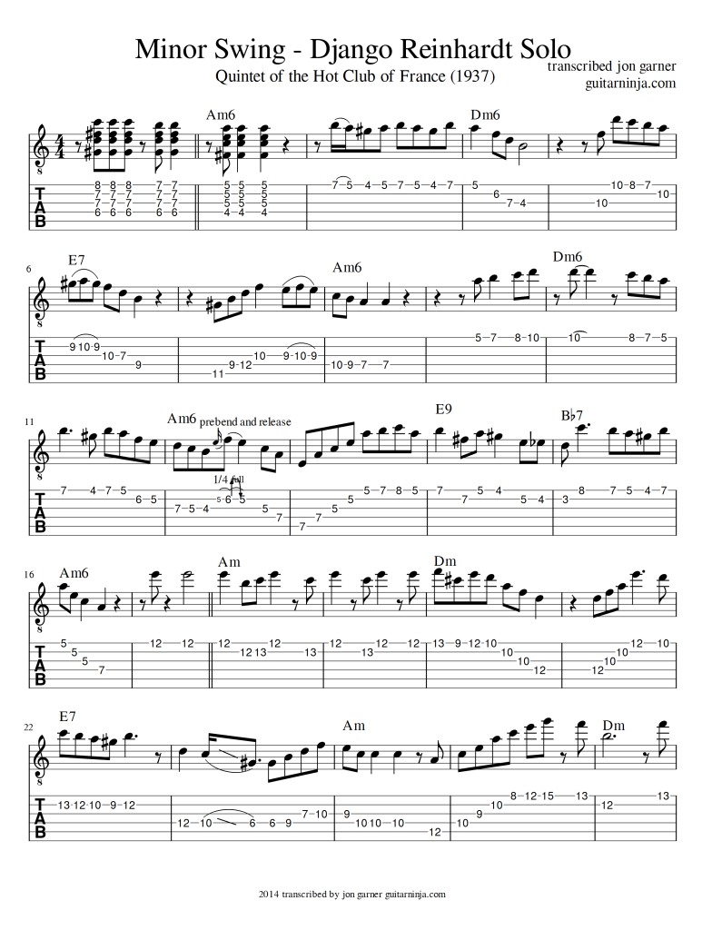 Minor Swing Solo Transcription Standard Notation and Tab Django Reinhardt