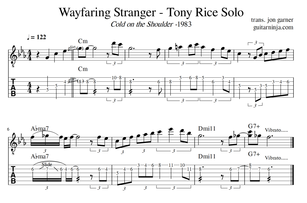 Wayfaring Stranger Tony Rice Solo TAB and Notation Cold on the Shoulder